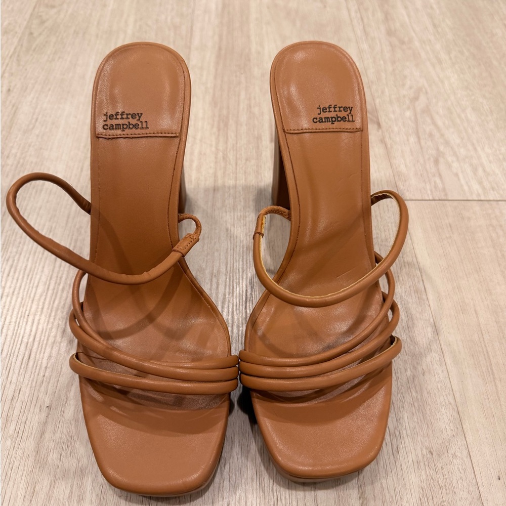 Jeffrey Campbell Cognac Strappy Square-Toe Heeled Sandals